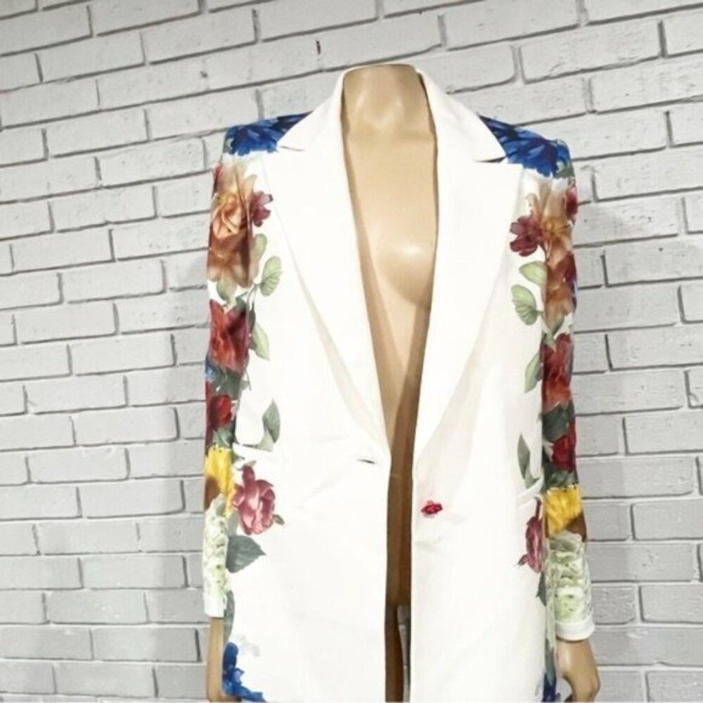 Alice + Olivia White Floral Blazer with Multicolor Rose Print
